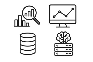 Poster - Data Analytics and Machine Learning Line Icons Set. Data Analysis, Processing, Statistics, Database, Artificial Intelligence, Monitoring, Computing, Visualization, Web and Mobile App Design.