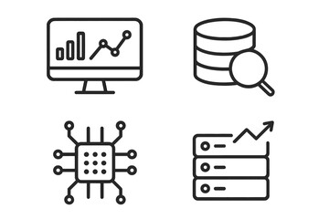 Poster - Data analytics set of 4 web icons in modern line style, representing data analysis, processing, statistics, database, analytics, monitoring, computing for web and mobile apps