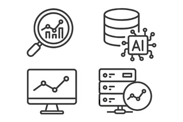 Poster - Data Analytics and AI Web Icons Set. Line Style Vector Illustrations of Data Analysis, Processing, Statistics, Database, Artificial Intelligence, Monitoring, Computing, Business Intelligence