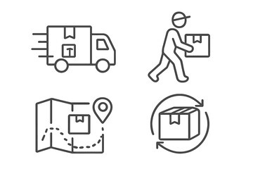 Poster - Delivery and logistics icon set in line style. Fast shipping truck icon, courier carrying package, map with route and location pin, package return icon. Shipping service icon.