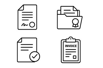 Poster - Vector line style document icon set featuring contract paper with seal, approved certificate folder, checklist document with checkmark, invoice clipboard. Office UI graphics