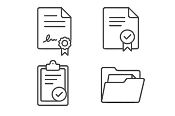 Poster - Document and file management icon pack: linear web icons featuring certificate with ribbon seal, approved document check mark, clipboard checklist, contract invoice papers and folder