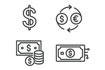 Poster - Set of 4 Dollar and Currency Line Icons. Dollar Sign, Currency Exchange, Cash, Coins, Digital Money. Financial Symbols. Modern Linear Style. Banking, Finance, Payment, Economy, Business Concepts
