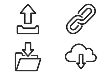 Poster - Set of 4 web line icons: upload arrow, download folder, cloud download, chain link. Outline symbols for digital file transfer, cloud storage and data sharing.