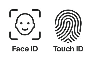 Poster - Biometric authentication concept vector. Facial recognition face ID scanning user identity in frame. Fingerprint Touch ID sensor verification for secure login and device access.