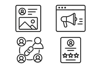 Poster - Social media web icons line style pack: vector profile page, marketing megaphone in browser window, linked network nodes, star rating profile card. Minimal outline icon set.