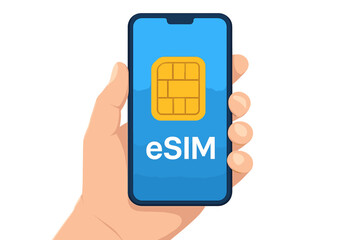 Poster - Hand Holding Smartphone with eSIM Icon, Embedded SIM Card Chip, Modern Mobile Communication Technology, Digital Connectivity, Wireless Network, Smart Device Concept