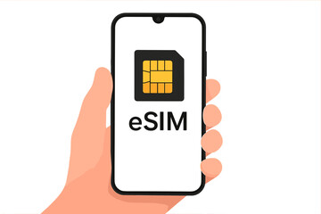 Poster - Hand Holding Smartphone with eSIM Chip Icon, Embedded SIM Technology, Digital Mobile Communication, Modern Smart Device, Wireless Connectivity, Electronic SIM Concept
