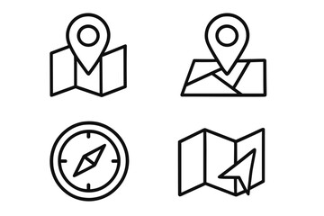 Poster - Line style navigation and location icons set. Map pin marker on folded map. GPS compass dial and navigator arrow. Web and mobile app map outline vector icon collection