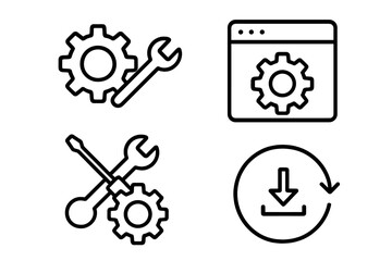 Poster - Outline style settings and setup icon set for web and mobile apps, featuring gear and wrench, browser cog, maintenance tools, download arrow with circular update symbol