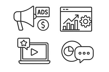Leinwandbilder - Digital marketing icon set. Online advertising, SEO optimization, video content, and data analytics symbols. Business promotion and social media strategy line art collection.
