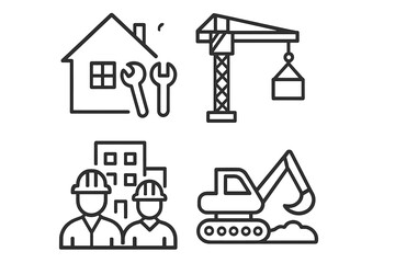 Poster - Construction icon set. Building industry thin line icons. Home repair, crane, excavator, engineer worker. Vector symbols for real estate, web design and mobile app.