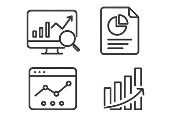 Poster - Data analytics web icons set of 4, line style vector illustration, transparent background, business growth, chart, report, analysis, digital data visualization, infographic