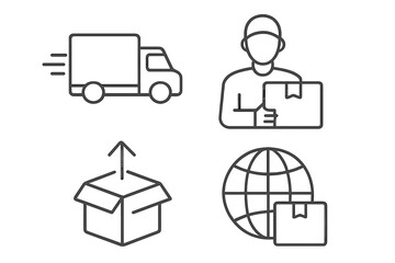 Fototapete - Delivery and logistic web icons set in thin line style. Shipping service, fast truck, courier with package, worldwide transport signs. Vector outline illustration symbol.