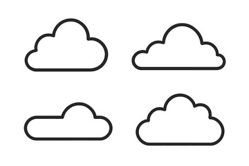 Poster - Cloud icon set. Simple weather outline symbols. Collection of four different black linear sky shapes. Minimalist cloudscape vector illustration isolated on transparent background.