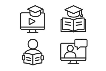 Poster - Education set of 4 modern line style web icons, e-learning and online study symbols, video tutorial, knowledge, school, university, webinar, digital learning, remote education