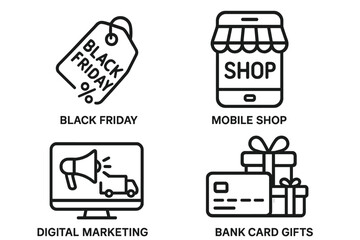 Poster - E-commerce and shopping set of 4 line style web icons: Black Friday sale, mobile shop, digital marketing, delivery, bank card gifts. Modern icons for web and mobile app.