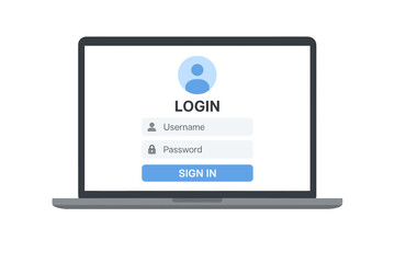 Fototapete - Login form page on laptop screen vector illustration. User authorization and authentication concept. Sign in to account, username and password fields. Web UI for secure access.