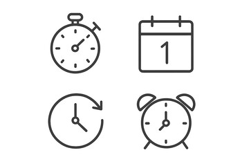 Poster - Minimalist Time and Clock Line Icons Set. Stopwatch, Calendar, Countdown, Alarm, Timer, Time Management, Recovery, Speed, Watch, Date, Schedule, Web Symbols