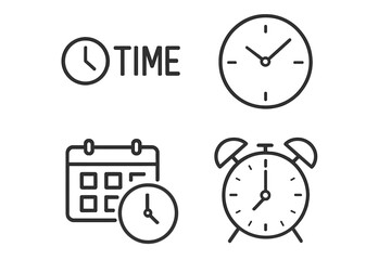 Fototapete - Set of 4 Time and Clock Web Icons in Modern Line Style, Vector Illustration on Transparent Background, Minimalist Clock, Alarm Clock, Calendar with Clock, Time Symbol for UI