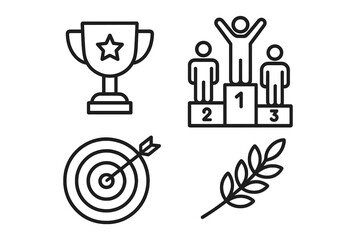 Fototapete - Success and Achievement Icons Set in Line Style: Goals, Target, Competition, Awards, Laurel Branch, Reward, Winner, Motivation, Victory Symbols