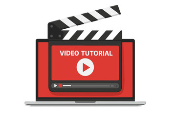 Aufkleber - Clapperboard and Online Video Player on Laptop Screen. Video Tutorial, Online Course, E-Learning, Movie Streaming, Digital Cinema, Internet Education, Web Training Concept