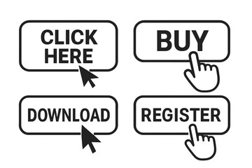 Fototapete - Set of 4 website action buttons with click here, buy, download, register text. Mouse cursor and hand pointer icons. Web UI elements for call to action, navigation, ecommerce