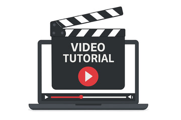 Leinwandbilder - Online video tutorial concept with clapperboard, laptop screen, play button, digital movie player interface, e-learning, internet streaming, online cinema, education technology