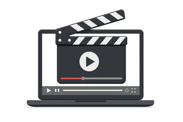 Aufkleber - Clapperboard and Online Video Player Interface on Laptop Screen. Digital Movie Streaming, Online Cinema, Video Tutorial, Film Production, Media Playback, E-learning Concept