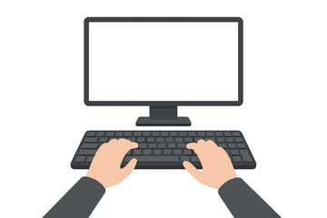 Poster - Top-down view of hands typing on a computer keyboard with blank monitor screen, illustrating coding, programming, remote work, online education and business reporting
