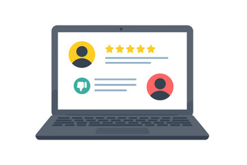 Aufkleber - Laptop showing customer feedback interface with user reviews. Five star rating avatar, thumbs-down negative feedback icon, user comments and star ratings on screen.