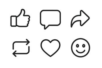 Fototapete - Minimalist vector line icons set of social media reactions: like thumbs up, comment speech bubble, share arrow, repost loop arrows, heart shape, smiling emoji