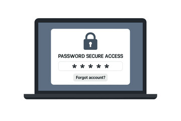 Poster - Vector illustration of laptop login screen with password secure access prompt and lock icon for user authentication and forgotten account recovery in cybersecurity access interface