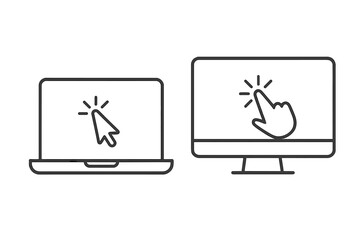 Leinwandbilder - High quality vector illustration of laptop and desktop computer monitors with click cursor pointer icon on screens. UI concept for web navigation and click action