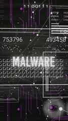 Poster - Animation of malware text, loading bars, changing numbers against connected dots on black background