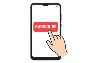 Aufkleber - Subscribe button on smartphone screen. Hand clicking red subscribe web button for online service, digital marketing, social media, video channel, blog newsletter concept