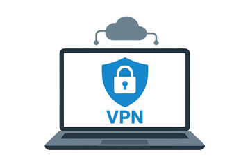 Poster - VPN service secure connection concept. Laptop with virtual private network, cyber security, encrypted web traffic, data protection, internet privacy, online safety software