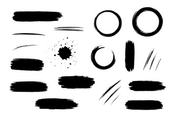 Poster - Big set of black brush strokes, ink stains, paint splatters. Grunge artistic design elements collection. Dirty texture banners, lines, circles, frames. Vector illustration.