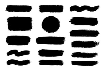 Poster - Black brush strokes collection. Abstract grunge style artistic design elements. Ink smear, paint stain variety pack. Hand drawn textured brushstroke shapes vector illustration set.