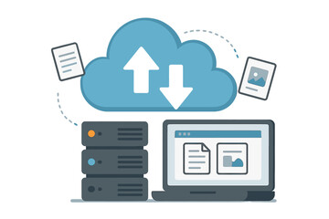 Fototapete - Cloud computing technology concept. Web hosting service with database server for documents and files. Cloud storage for data upload, download, and backup. Digital online service.