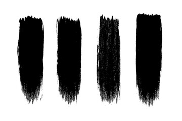 Poster - Set of 4 Vertical Black Ink Brush Strokes, Grunge Abstract Texture, Artistic Hand Drawn Paint Marks, Isolated on White, Dry Brush Vector Elements for Design and Decoration