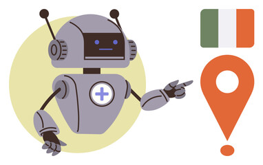Poster - Robot with antennas pointing at orange map pin near an Irish flag. Ideal for AI, technology, robotics, healthcare, navigation, travel, innovation. A modern simple flat metaphor