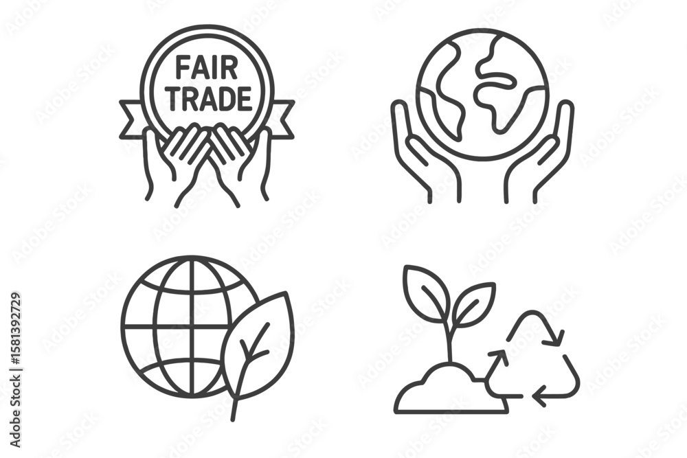 Fair Trade and Sustainability Line Icon Set of 4, Vector Pictograms of ...