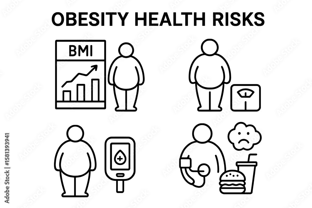 Bmi Risk Icon Obesity Health Risks Line Icon Set. Vector Illustrations of BMI Chart ...