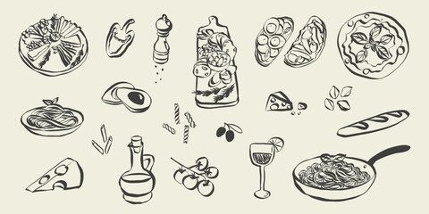 Aufkleber - Whimsical chalk doodles of italian food. Quirky icons of breakfast and dinner meals in crayon style. Crayon drawing for menus and invitations. La dolce vita italian vector illustration