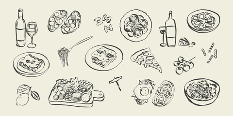 Aufkleber - Whimsical chalk doodles of italian food. Quirky icons of breakfast and dinner meals in crayon style. Crayon drawing for menus and invitations. La dolce vita italian vector illustration