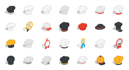 Poster - Set of Vector Icons Assortment of Isometric Chef Hats in Various Colors and Styles. Vector Illustrations. EPS Editable