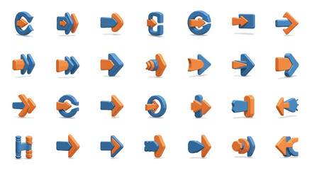 Poster - Set of Vector Icons Collection of 3D Cartoon Arrows in Orange and Blue. Vector Illustrations. EPS Editable