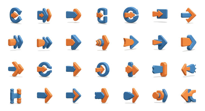 Set of Vector Icons Collection of 3D Cartoon Arrows in Orange and Blue. Vector Illustrations. EPS Editable