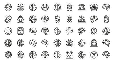 Poster - Set of Vector Icons Collection of AI Brain Icons in Various Styles and Designs Black Outlines. Vector Illustrations. EPS Editable